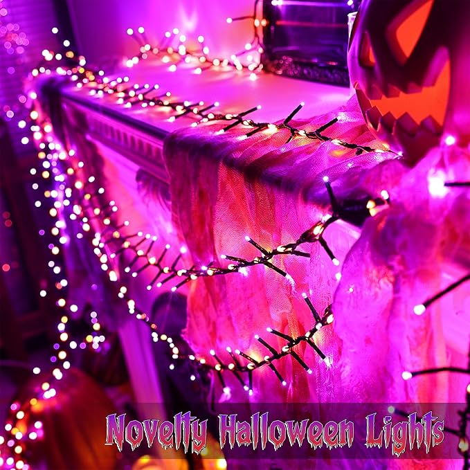Brizled Outdoor Halloween Lights, 372 LED 17 Modes Orange & Purple Halloween Cluster Lights with Timer, 19.6FT Waterproof Spooky Light Plug in, Orange Purple Light Black Wire for Indoor Outdoor Decor