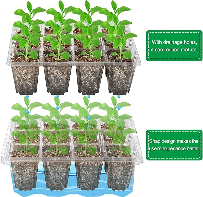 Bonviee 10 Packs Seed Starter Tray with Elevated Lid, 120 Cells Thicken Seed Starting Trays Kit with Adjustable Humidity Vent, Clear Cell Tray and Heightened Lids for Greenhouse & Gardens, Clear