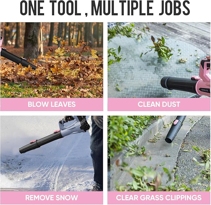 Steelite Leaf Blower Cordless with 2 Battery and Charger, 20V Electric Leaf Blowers, Lightweight Handheld Blower for Lawn Care, Patio, Garden, Pink