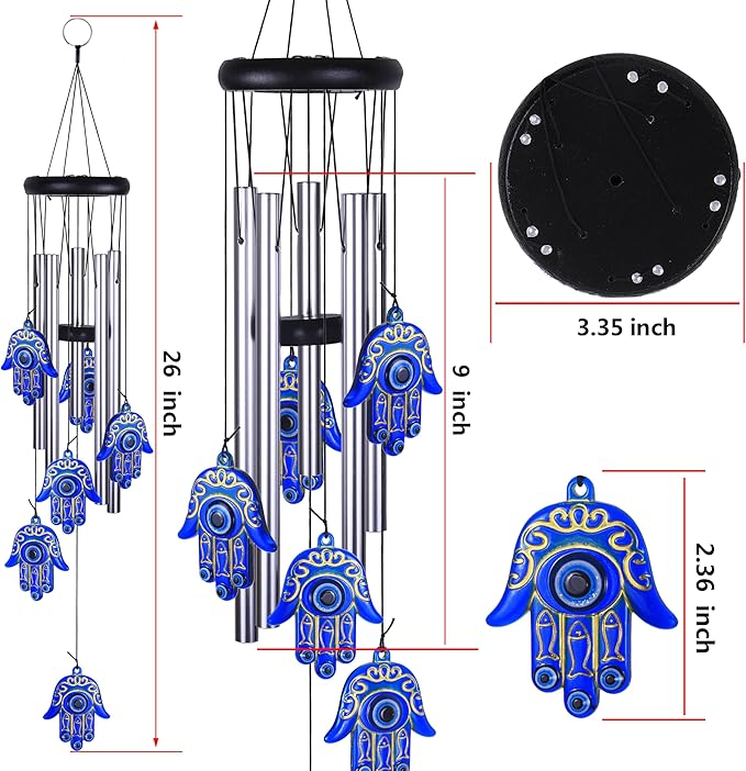Blue Evil Eye Hamsa Hand Wind Chimes Outdoor Decoration, Hand of Fatima Windcatcher, Evil Eye Wind Bells, Hand of Fatima Blue Evil Eye Amulet Wind Chimes for Home, Gift for Mom, Balcony, Patio, Garden