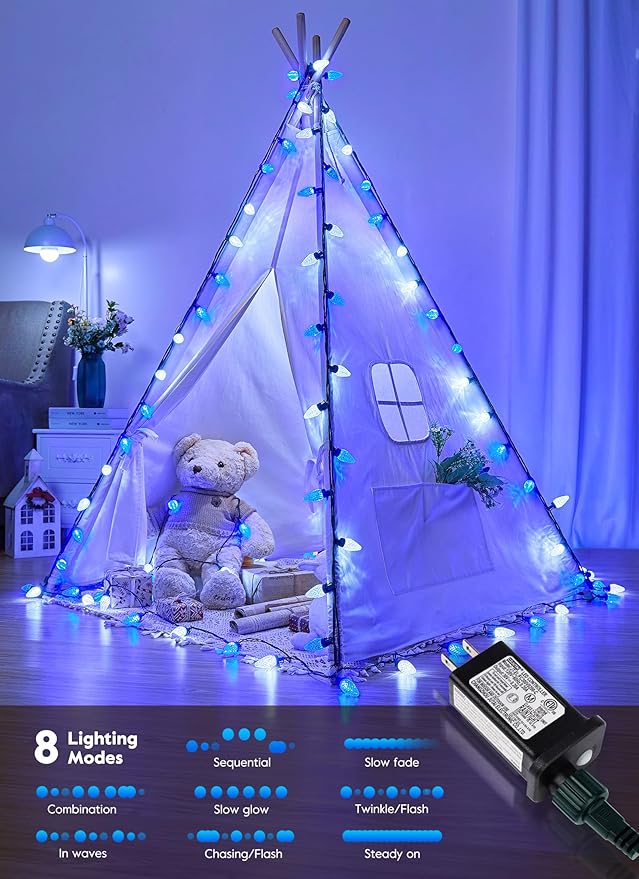 Brightown C9 Christmas Lights Outdoor, 114FT 150 LED Blue and Pure White String Lights with Timer, 8 Modes, UL Listed Waterproof Connectable Christmas Tree Lights for House, Roof, Garden, Patio Decor