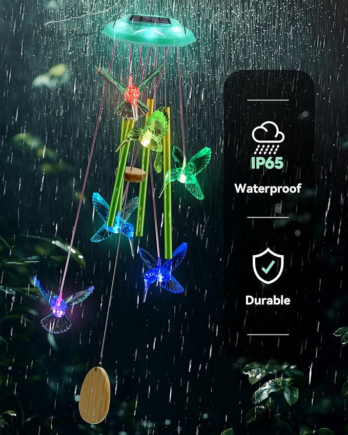 Hummingbird Solar Wind Chimes, Birthday Memorial Gifts for Women Mom, Glowing Top Color Changing Hummingbirds Moblie LED Wind Chime for Outside, Outdoor Home Party Garden Decor Light(Green)