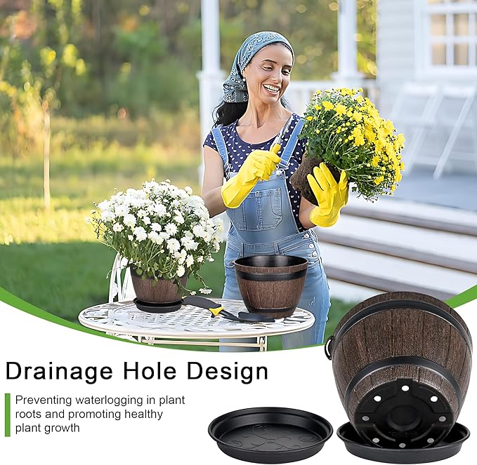 VECELO Plant Pots with Drainage Holes & Saucer, 7.6 Inch Flower Pots with Tray, 4 Pack Plastic Whiskey Barrel Planters for Indoor & Outdoor Garden Home Plants and Flowers