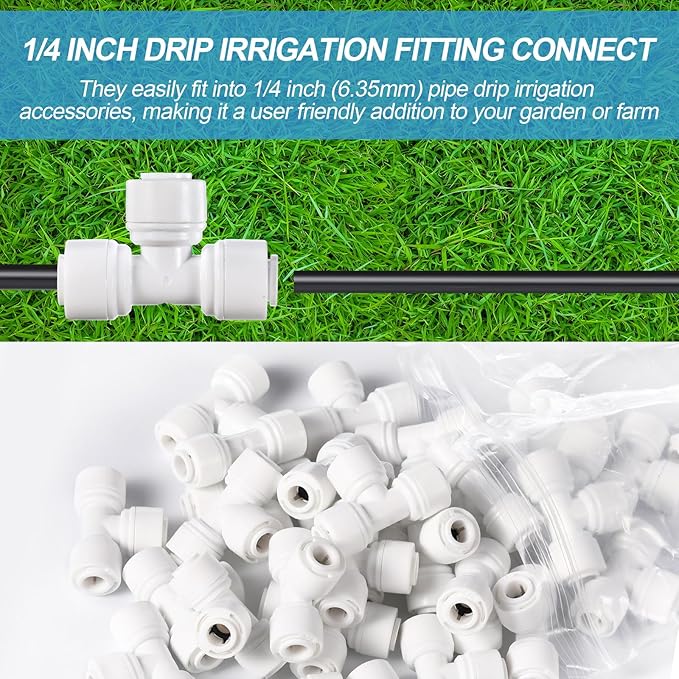 30 Pcs 1/4" Drip Irrigation Tee Connectors for Tube Quick Connect Parts Fittings for 1/4 Inch(6.35mm) Irrigation Tubing or Sprinkler(White,Tee Connector)
