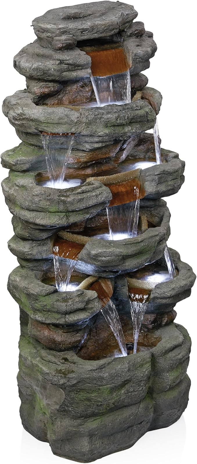 Alpine Corporation TZL352 Outdoor Floor Stone Tower Fountain with LED Lights, Multi-Level Garden Water Fountain, 47"H, Gray