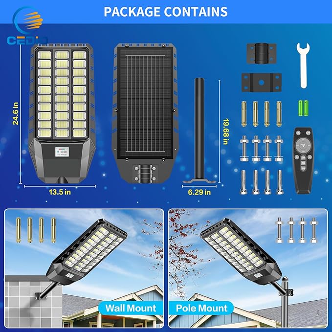 CEDIO Outdoor Solar Street Lights, Solar Lights IP66 Waterproof LED Street Light Dusk to Dawn, Flood Light with Motion Sensor for Yard (8500W-2PACK)