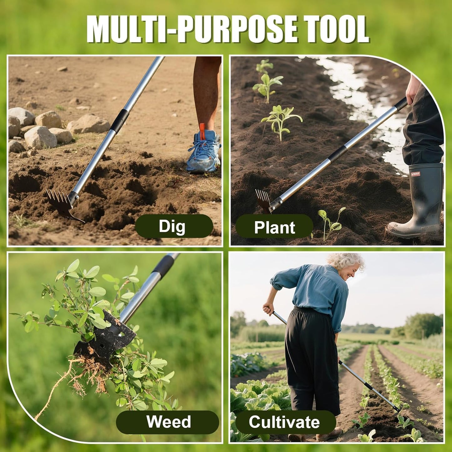 RONSUNG Weed Puller Tool with 57" Long Handle – 2-in-1 Stand Up Weeder & Garden Hoe with Heavy-Duty Steel Head, Manual Hand Uprooting Weeding Pull for Lawn, Yard & Lawn, Bonus Gloves Included