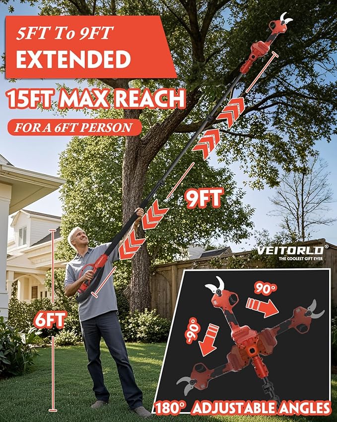 VEITORLD 2-IN-1 Cordless Electric Pole Pruning Shears, 15ft Reach, 1.6" Cutting Diameter, Battery Powered with 2x 2000mAh, Brushless Motor for Efficient Garden Tree Trimming, Branch Cutting(Red)