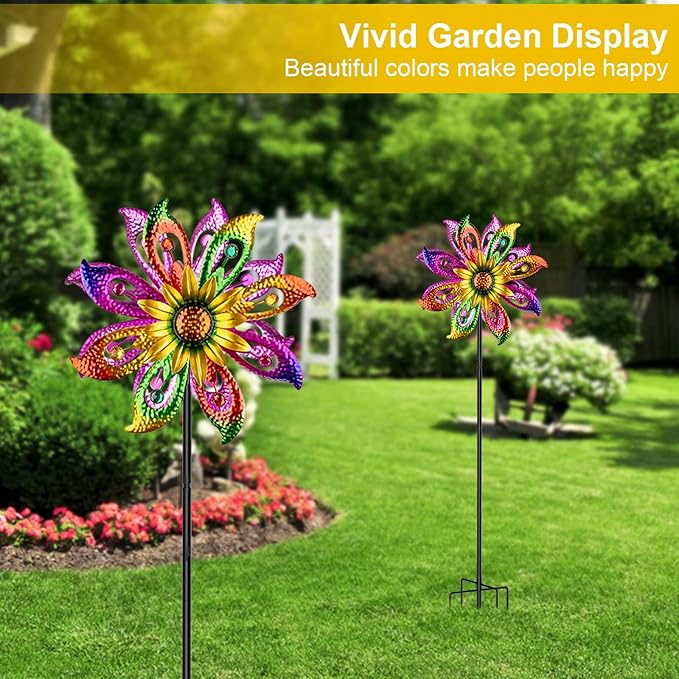 Solar Wind Spinners Outdoor with Lights Sunflower Garden Outdoor Decor Yard Lawn Art Decor for Patio Kinetic Windmills Unique Gifts for Friends and Family 60.63'' H x 13.38'' Dia 360° Rotation