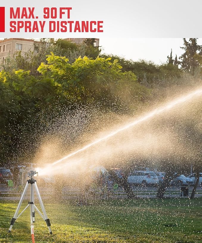 YAMATIC Impact Sprinkler on Tripod Base, 50-inch Heavy Duty Metal Sprinkler for Yard, 360 Degree Rotating Zinc Head for Large Area, 3/4" Brass Connector, Extension Legs Flip Locks, Spray up to 20-90ft