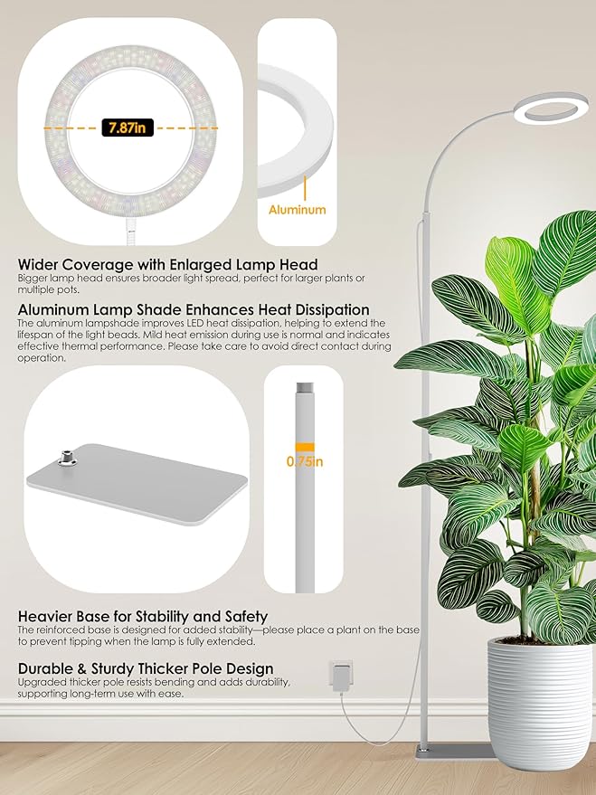 GLOWRIUM Grow Lights for Indoor Plants, 24W Full Spectrum LED Grow Light, Stepless Dimming,3 Lighting Mode and Adjustable Height, Plant Light with 3/9/12/16H Timer (White, 24W)