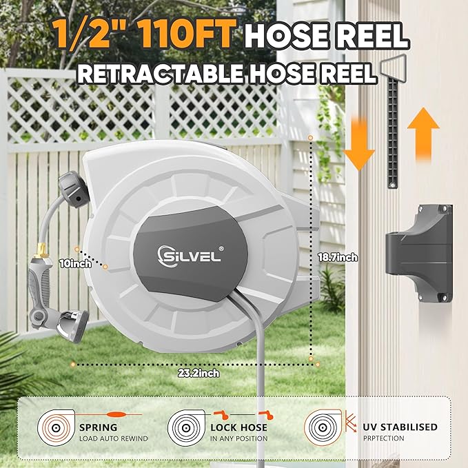 SILVEL Retractable Garden Hose Reel, 1/2 in x 110ft Wall Mount Heavy Duty Automatic Hose Reel with 10 Pattern Nozzle, Any Length Lock & Slow Return System, 180°Swivel Bracket Upgraded UV Resistant