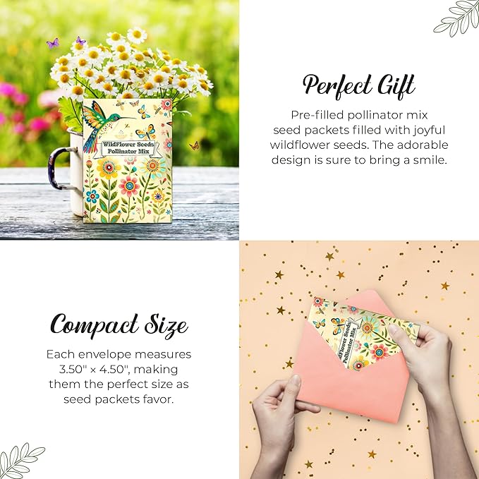 Pollinator Paradise Seed Mix (20 Packs) Seeds Packets for Humming Birds, Butterflies and Bees - Ideal for Wedding Party Favors Bridal Shower School Events Thank You Corporate Event Memorials