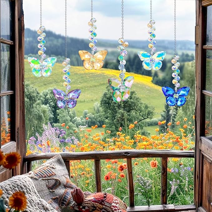 6pcs Crystal Butterfly Suncatchers Hanging Ornaments, Rainbow Maker Sun Catchers Indoor Window Outdoor Patio Garden Decor Gifts (Butterfly)