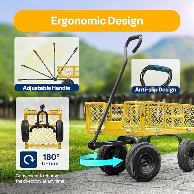 VIVOHOME Steel Garden Cart Heavy Duty 880 Lbs Capacity Folding Utility Wagon with Removable Sides and 10 inch Wheels (Yellow)