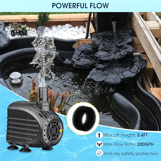 NFESOLAR Submersible Water Pump 200GPH, Ultra Quiet Submersible Pump with Dry Burning Protection 5.4ft High Lift for Fountains, Waterfall, Hydroponics, Aquariums KF203