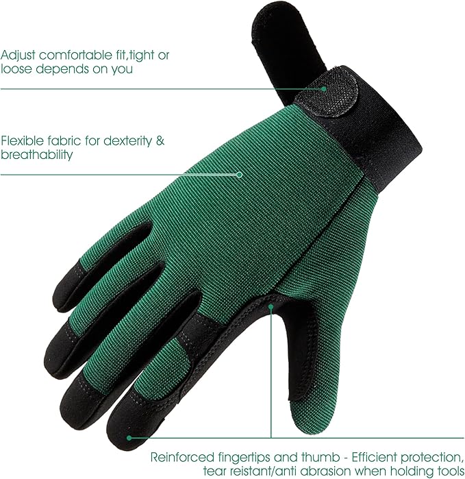 COOLJOB Thorn Proof Garden Gloves with Touchscreen Fingers for Men, Rose Pruning Work Gloves with Palm Cushion for Gardener, Farmer and Landscaper (Green 1 Pair Small)