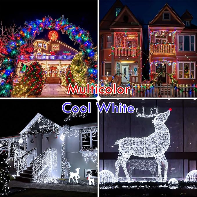 Multicolor to Cool White Color Changing 200 LED 66FT Christmas String Lights for Outdoor&Indoor, 11 Modes Christmas Tree Clear Wire Fairy Waterproof Lights with Memory Function & Remote & Timer