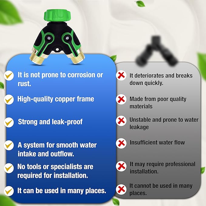 Premium 3/4" Heavy Duty 2 Way Hose Splitter Leakproof Full Metal Body Faucet Spigot Splitter Easy Long Handles with Extra Fittings and Teflon