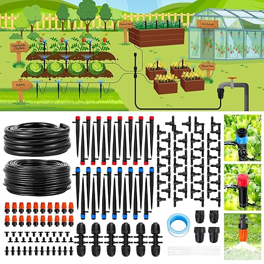 240FT Drip Irrigation System,Automatic Drip Irrigation Kit with 1/2 inch Hose 1/4 inch Distribution Tubing and Accessories,for Lawn Raised Bed Greenhouse Plant Watering System