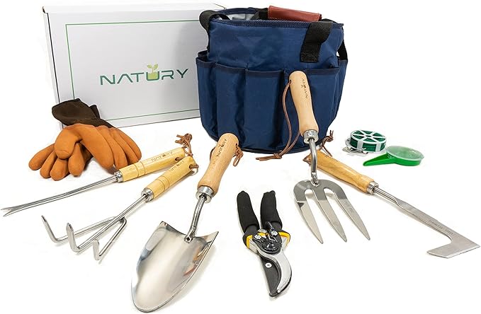 Garden Tools Set โ Premium Stainless Steel Gardening Hand Tools with Solid Beechwood Handle โ Gardening Kit with Rake, Shovel, Gloves, Shears, Tool Organizer โ Garden Gifts for Women and Men
