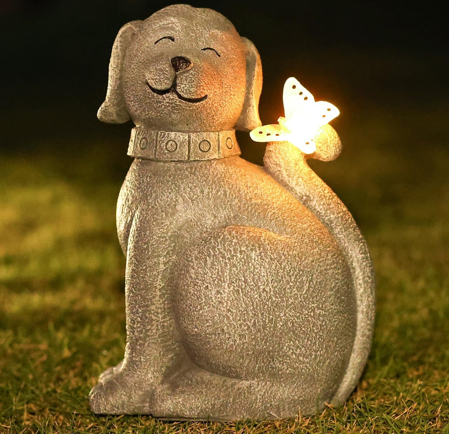 Solar Garden Statue Dog Figurine- Garden Art with Butterfly Light, Art Dog Sculpture for Patio,Balcony,Yard, Lawn-Unique Housewarming Gift for Mom Grandma