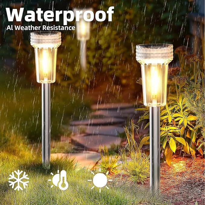 DERAYSION 12 Pack Solar Lights Outdoor, Solar Pathway Lights Auto Dusk-to-Dawn Landscape Garden Lighting, Waterproof Stainless Steel Pole Lighting for Path, Yard, Walkway, Garden, Driveway