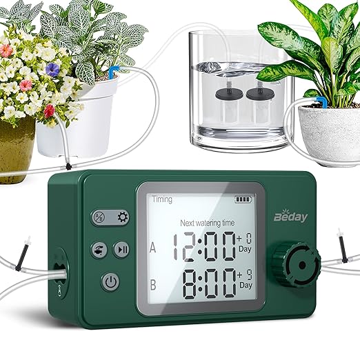 Automatic Watering System Dual Pump for Indoor Plants, Built-in Rechargeable Battery, Two Independent Water Zones, Worry-Free Vacation Drip Irrigation Kit, Water-Saving Smart Plant Waterer, Green