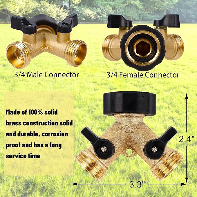 Biswing Garden Hose Splitter 2 Way, Heavy Duty Brass Connector Tap Splitter, Y Splitter 2 Valves with 2 Extra Rubber Washers