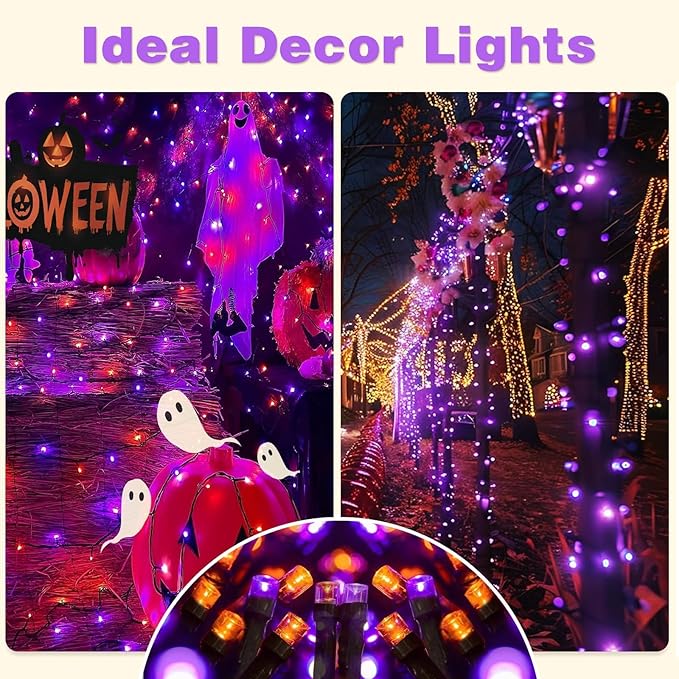 2-Pack Solar String Lights,78Ft Extra-Long 200 LED Waterproof Solar Halloween Lights, 8 Modes for Garden, Patio, Wedding (Purple & Orange)