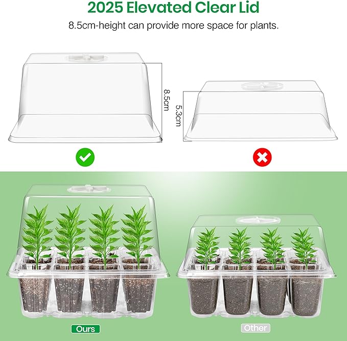 Bonviee 5 Packs Seed Starter Tray with Grow Light, Elevated Seedling Starter Trays Kits with Adjustable Humidity Domes and Clear Cell Tray, 12 Full Spectrum led lamp Beads for Plants Indoor-Clear