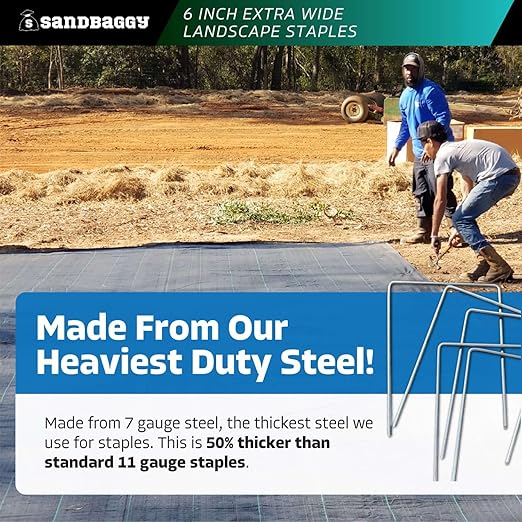 Sandbaggy 6" Wide Landscape Staples - Extra Heavy Duty: 7 Gauge Galvanized Steel - Hold Down Pipes, Landscape Fabric, Ground Cover, Erosion Control Netting, Sod, & Turf (300, 6" W x 8" L)