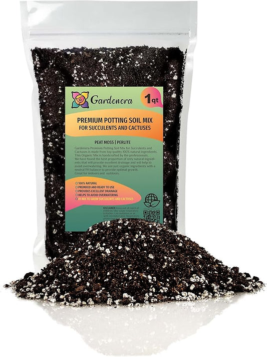 Gardenera Premium Organic Potting Soil, Succulent & Cactus Soil Mix, Fast Draining Pre-Mixed Blend - Horticultural Perlite (25%) + Peat Moss (75%) - Made in USA - 1 Quart