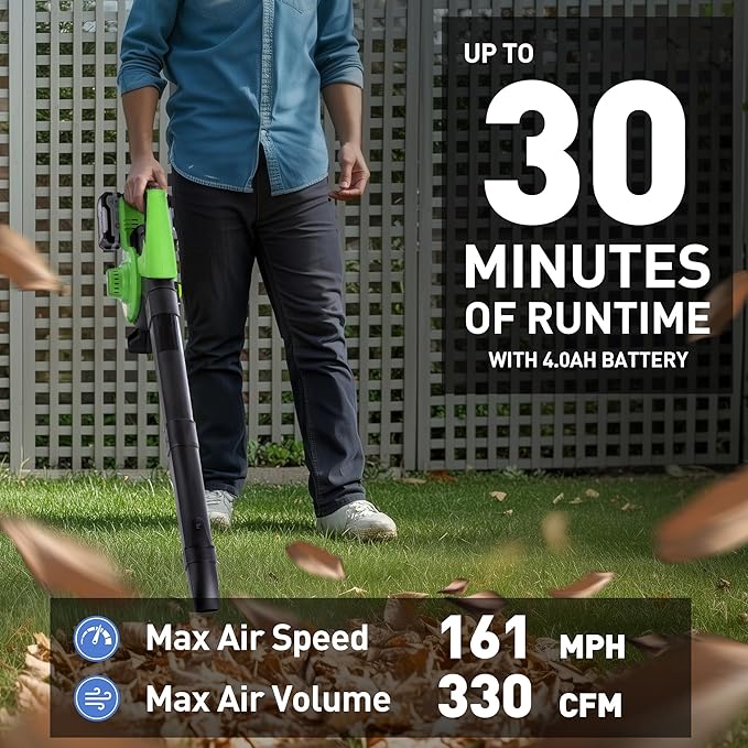 Leaf Blower, 20V Cordless Electric Blower, Leaf Vacuum and Mulcher, with 2 * 4.0Ah Batteries and 1 Fast Charger, Lightweight Leaf Blower for Patio Cleaning, Lawn Care, Blowing Fallen Leaves