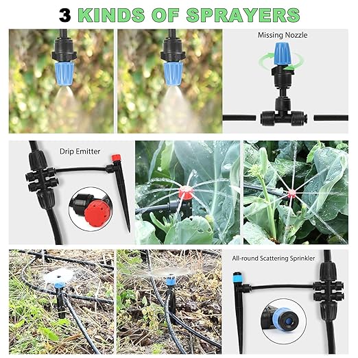 177FT Drip Irrigation Kit โ 2025 New Quick-Connect Micro Irrigation System with 46FT 1/2'' Tubing, Locking Nozzle Emitters, Adjustable Misting Sprayers for Gardens, Lawns, Raised Beds and Greenhouses