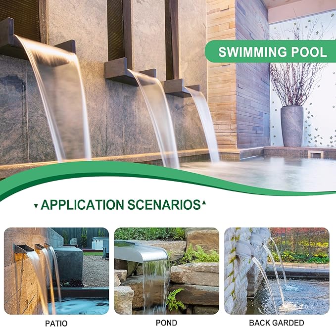 Pool Fountain Waterfall Spillway with Wider Water Flow Platform, Stainless Steel Waterfall with Pipe Connector Kits, Water Feature Spillway for Garden Decor, Patio, Ponds, 23."x11.8"x3.9"