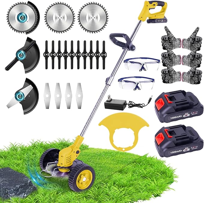 Weed Wacker Cordless Adjustable Weed Eaters 3 in 1 Electric String Trimmer Lawn with Two Battery with Charger Comes with Multiple Blades for Yard,Green,Garden(Yellow)