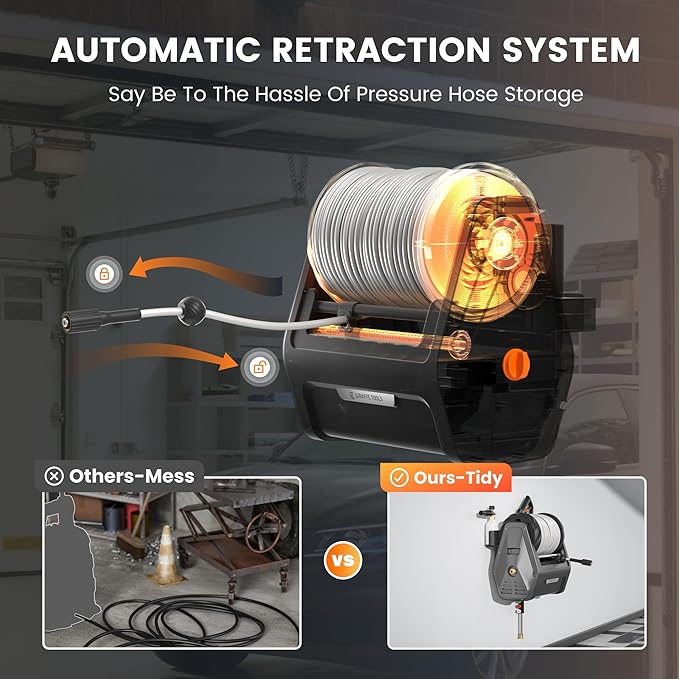 Giraffe Tools Grandfalls Retractable Wall Mount Pressure Washer Plus, Max 2900PSI 2.2 GPM, Electric Power Washer with 100ft Pressure Hose for Car/Patios, Automatic Rewind, Dark Silver