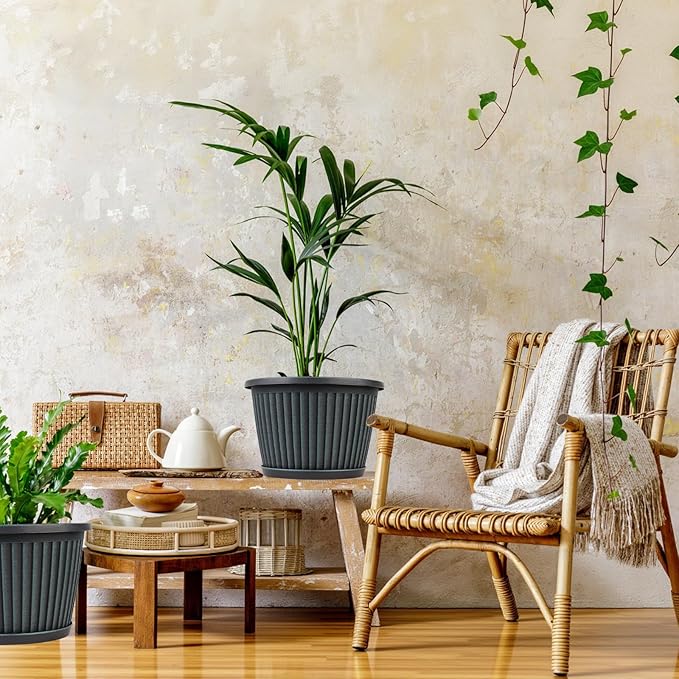 Planter-Pots-for-Plants-Indoor-Outdoor, 4 Pack 10 Inch Plastic Flower Pots with Saucer & Drainage Holes, Modern Garden Planters for Planting Medium Large Plants,Decorative Resin Garden Pots