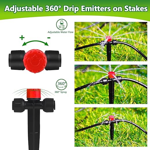 Push-to-Fit Drip Irrigation Emitters for 1/4" Drip Irrigation Tubing, 20 Pcs Adjustable 360 Degree Water Flow Drippers Sprayer on Stake 360° Full Circle Multi-Stream Irrigation In-line Dripper
