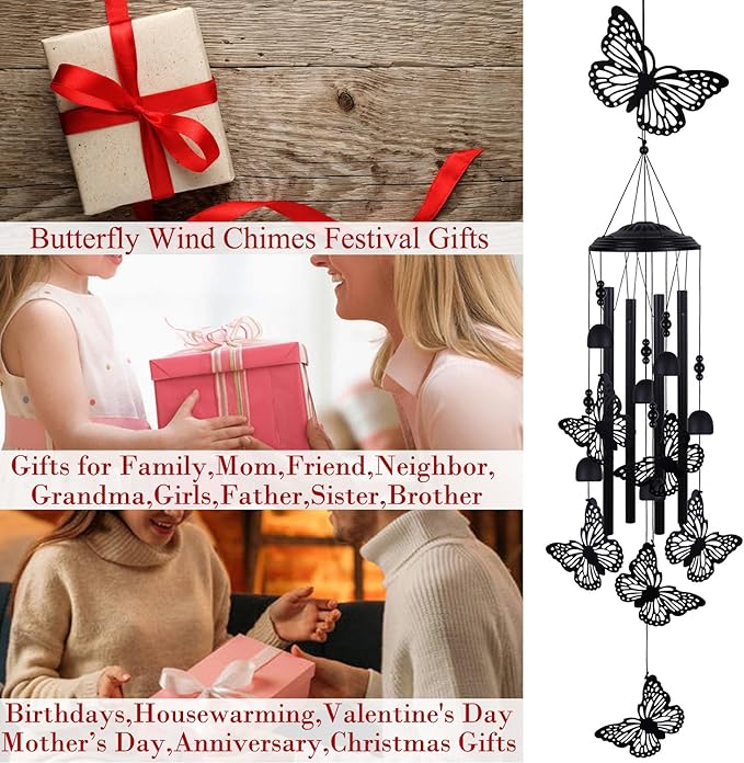 Outdoor Butterfly Wind Chimes Decorate, Memorial Wind Chimes, Wind Catcher, Mobile Butterfly Wind Bells for Home, Yard, Tree, Patio, Garden Decor, Gifts for Butterfly Lovers, Festival Gifts for Mom