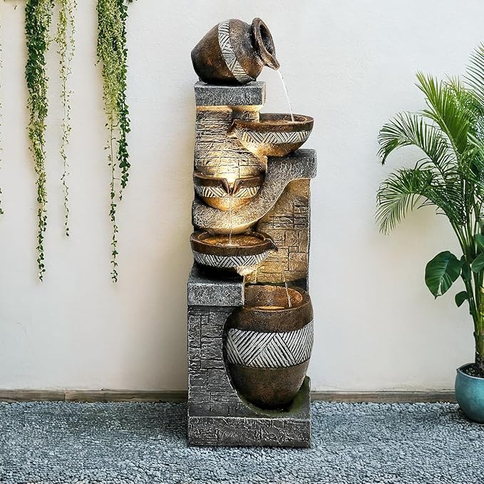 Naturefalls 42.5” H Modern Outdoor Fountain - 5 Bowls Outdoor Garden Fountains with Contemporary Design&LED Light for Garden, Patio, Deck, Porch, Backyard and Home Art Decor