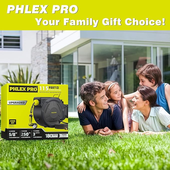 Retractable Garden Hose Reel 5/8 in x 115 ft Heavy Duty Automatic Water Hose Reel Wall Mounted with 10 Pattern Nozzle,Any Length Lock, Slow Return System, 180°Swivel Bracket