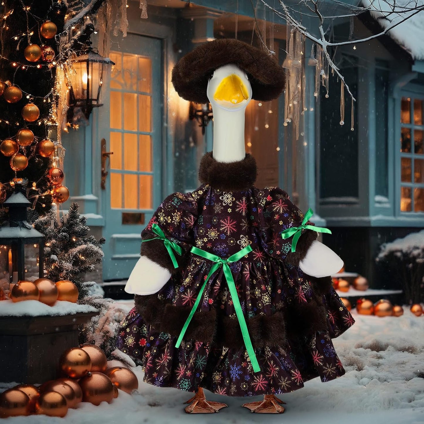 Suzile Christmas Porch Goose Outfit Winter Costume for 23" High Cement or Plastic Goose Clothes for Yard Lawn Outdoor Garden Patio Concrete Duck Statue for Winter Snowflake Xmas Dress Holiday Decor