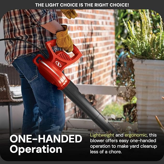 Sun Joe Corded Electric Leaf Blower Machine, 155 MPH, 260 CFM, 6-Amp Motor, Red - Portable and Lightweight Gardening Equipment for Yard Care and Lawn Maintenance, SBJ597E-RED