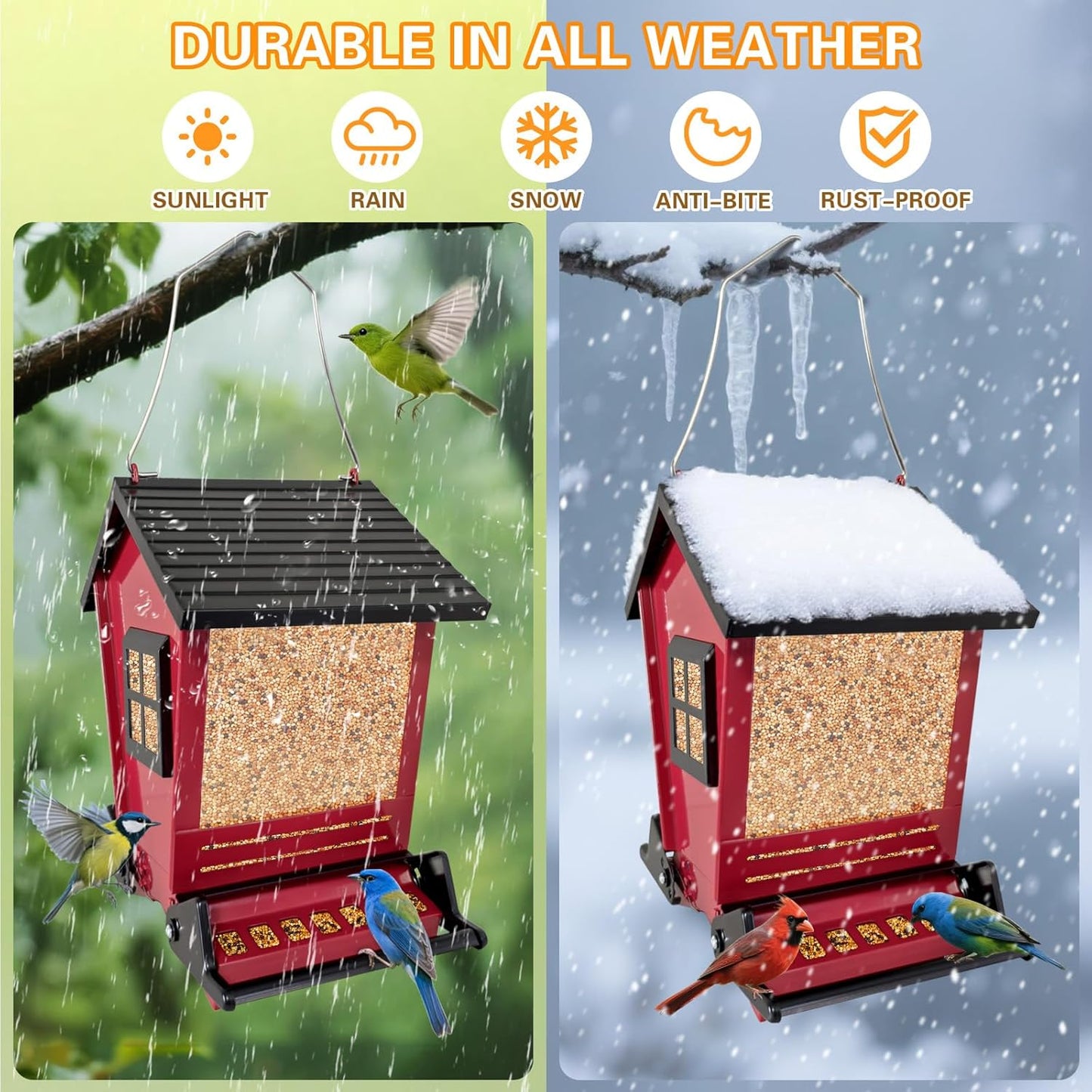 Squirrel Proof Bird Feeders for Outdoors Hanging, 5LB Capacity Metal Wild Birdfeeders Outside Hanging, Cardinal Bird Feeder Squirrel Proof as Various Finch Feeders for Outside(red)