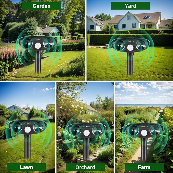 2025 2Pack Deer Repellent Device Ultrasonic Animal Repellent Outdoor Solar Animal Repeller with Motion Detection Cat Deterrent Outdoorto Scare Raccoon Dog Coyote Squirrel Skunk Fox Rabbit