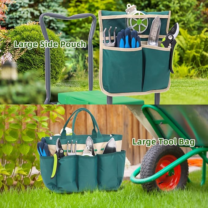 Ohuhu Garden Kneeler and Seat: Upgraded Widened Gardening Stool with Detachable Soft Kneeling Pad, Foldable Garden Bench Heavy Duty with Large Tools Bag and Pouch, Gifts for Women Men Seniors Gardener