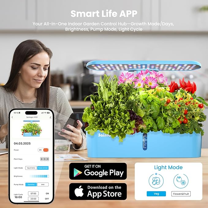 Sainlogic Hydroponics Growing System Kit, 12 Pods Watering Planter, Smart Indoor Garden with APP & WiFi Connected, 5 X Growth with 24W LED, Quiet Pump, for Vegetables, Herbs and Flowers