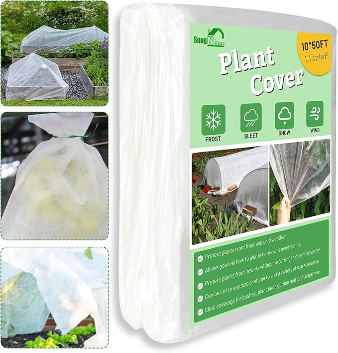 SnugNiture Plant Covers Freeze Protection, 10ft x 50ft 1.1oz/yd² Frost Cloth for Outdoor Plants, Floating Row Cover Frost Blanket for Winter Garden Vegetables Protection